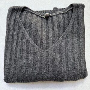 Gap Cozy Ribbed Vneck Wool blend Pullover Sweater Charcoal Heather Grey